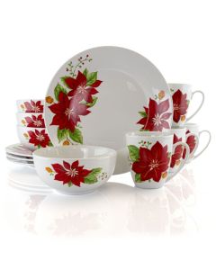 Gibson Home Holiday Poinsettia 12 Piece Fine Ceramic Dinnerware Set